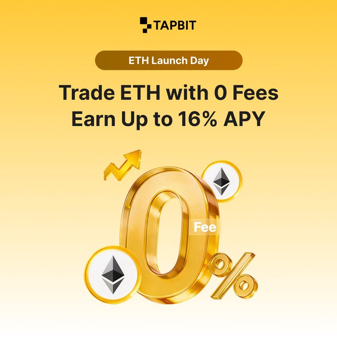 A promotional graphic for TAPBIT announcing 'ETH Launch Day' with offers to 'Trade ETH with 0 Fees' and 'Earn Up to 16% APY,' featuring a large gold '0%' surrounded by Ethereum logos.