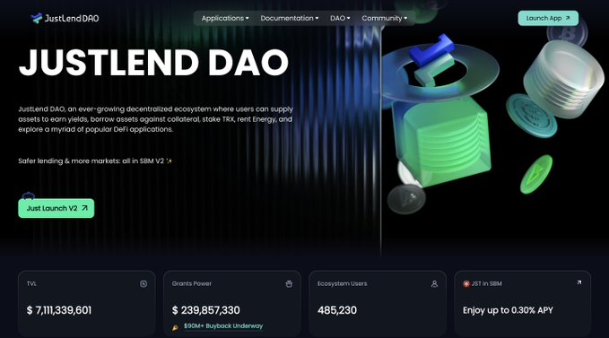 The official website header for JustLend DAO, a decentralized ecosystem on the SBM V2 network, displaying TVL of $7,111,339,601 and Grants Power of $239,857,330.