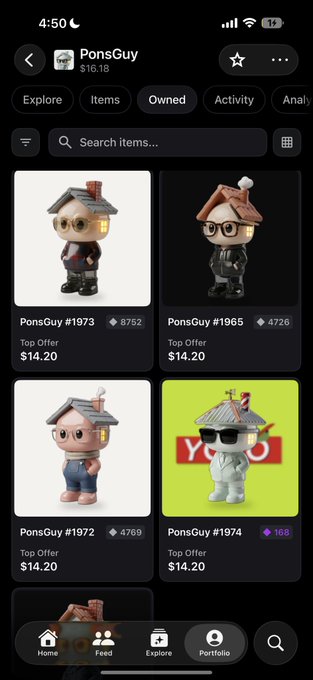 The image shows a mobile app displaying the "Owned" tab for a collection called "PonsGuy" with a floor price of $14.20, featuring four collectible figurines (PonsGuy #1973, #1965, #1972, and #1974) with various ownership counts. This relates to the post's mention of minting only 1 per wallet across 5 wallets, suggesting the user was able to acquire some PonsGuy NFTs but missed out on getting more due to limited supply.