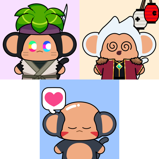 Three cartoon NFT-style monkey characters are displayed, each with unique features including a ninja with colorful eyes, a wizard with a controller, and a meditating monkey with a heart thought bubble.