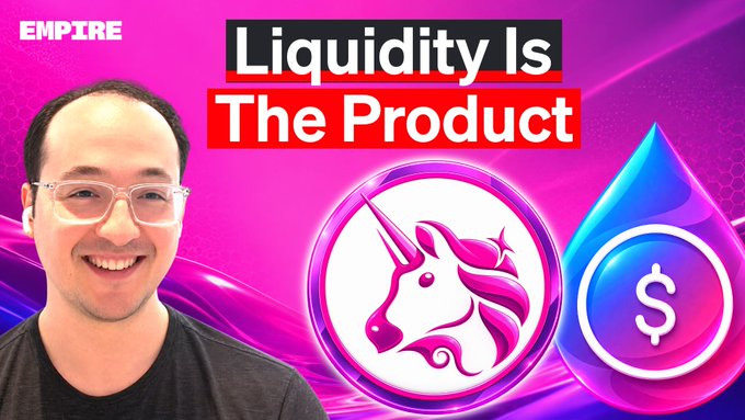 A YouTube thumbnail featuring a smiling man with glasses against a pink and purple gradient background, titled 'Liquidity Is The Product' with the EMPIRE logo and icons for Uniswap and a dollar sign.