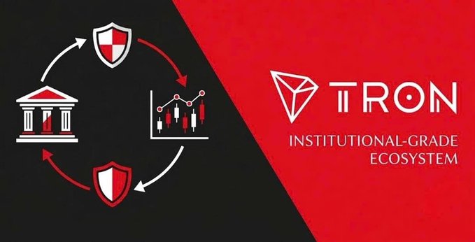 A split red and black banner for 'TRON INSTITUTIONAL-GRADE ECOSYSTEM' featuring icons of a shield, bank, trading chart, and shield connected by circular arrows.