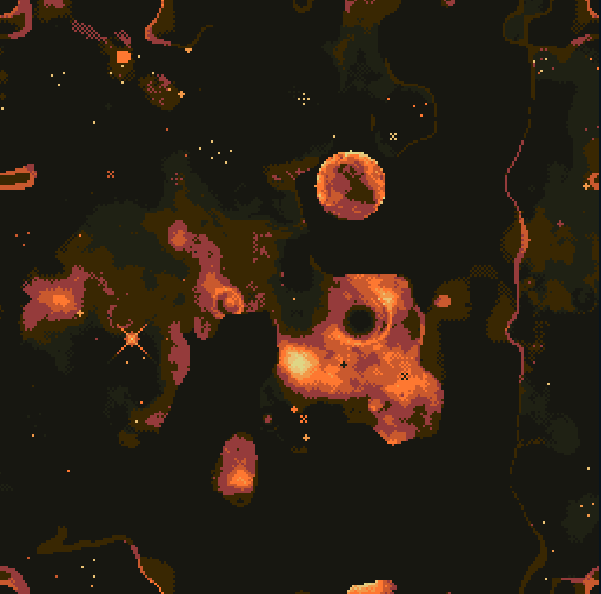 A dark pixel art scene showing glowing orange lava or molten rock formations scattered across a black background.