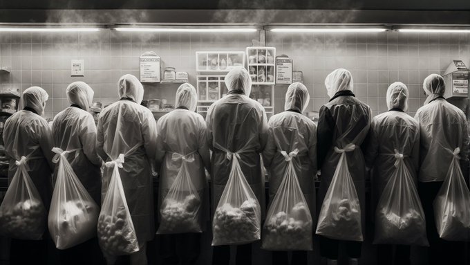 A black and white photograph of eight workers wearing white hairnets and uniforms with tied aprons, standing in a row with their backs to the camera in what appears to be a food processing facility.