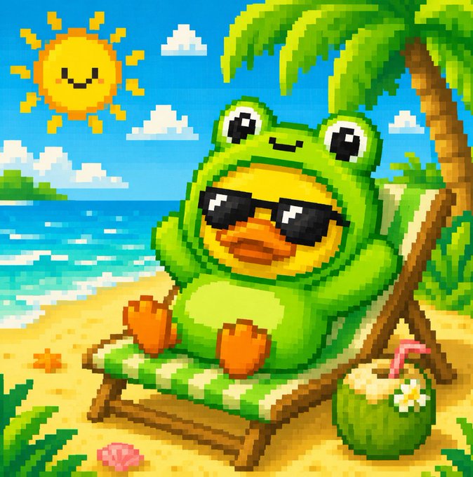 A pixel art illustration of a cheerful green frog wearing sunglasses and a duck-themed swim ring, lounging on a beach chair under a smiling sun with a coconut drink nearby.