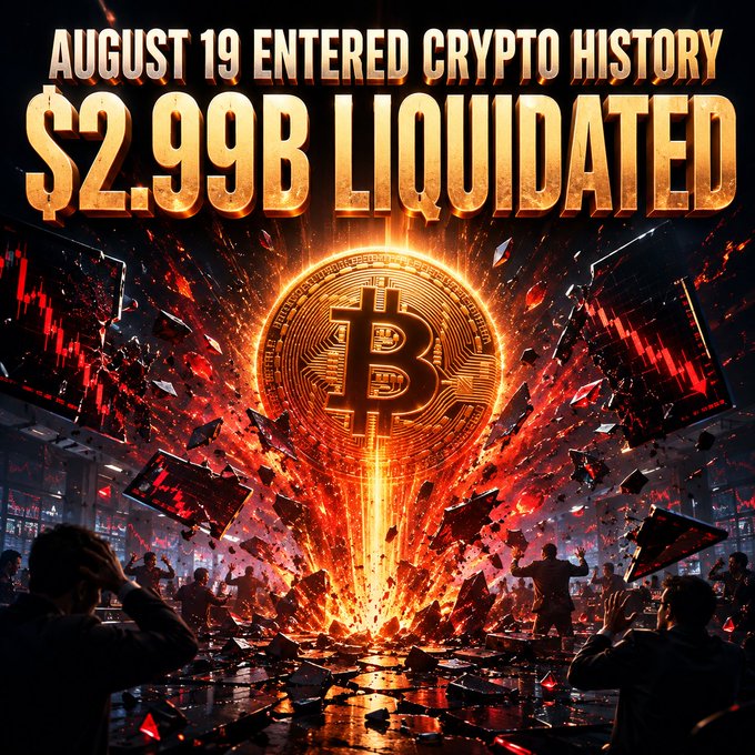 A dramatic graphic depicting a crypto market crash on August 19 with '$2.99B LIQUIDATED,' featuring a glowing Bitcoin surrounded by fiery explosions and falling red chart panels.