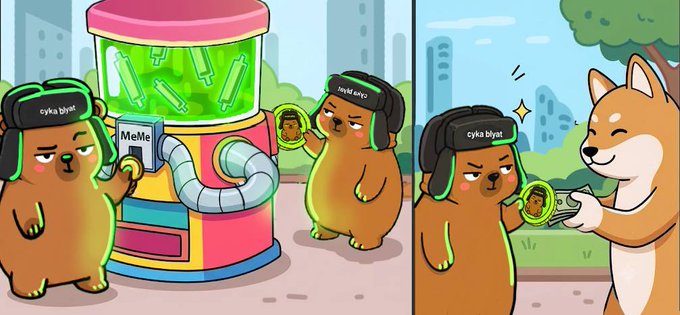 A cartoon split scene shows two brown bears wearing "cyka blyat" headsets at a green "MeMe" vending machine dispensing money, while the right panel shows one bear receiving a "MeMe" coin from a smiling Shiba Inu. The image humorously ties to the "$CB keep the bag busy" post by depicting meme coins being distributed and traded between characters representing crypto community themes.