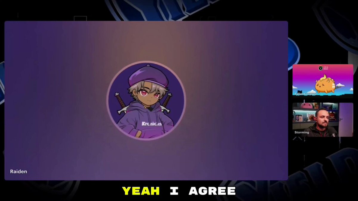 The image shows a computer screen with a purple background featuring an animated cartoon character wearing a blue hat, holding a sword and shield. The cartoon character has a name tag that reads "RAIDIN". In the bottom right corner of the screen, there is text that says "yeah I agree", which could be interpreted as a response to the post about Crypto content creation.