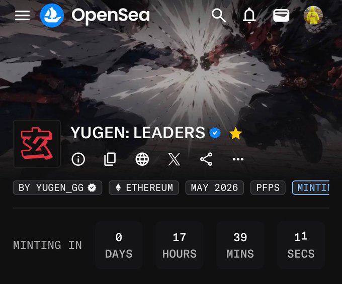 The image presents a screenshot of an online game called Yugen Leaders. The main focus of the image is the leaderboard, which displays the players' names along with their respective scores or achievements. In the middle of this post, there are several details about the leaderboard that provide context to its contents, such as the number of days and hours spent in minting supplies, and the amount of cryptocurrency used for mining. The text at the bottom of the image reads "~ @yugen_gg Leaders minting tomorrow ~~ 0.02 ETH GTD 00 min" and it's accompanied by a small icon representing Ethereum on the right side of the post.