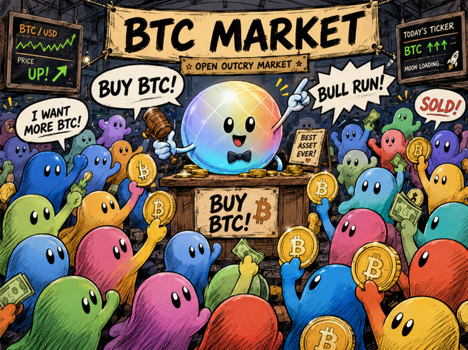 A colorful cartoon illustration of a 'BTC MARKET' with an anthropomorphized Bitcoin character at a stall selling to a crowd of colorful blob creatures, with signs reading 'BUY BTC!', 'BULL RUN!', and 'BEST ASSET EVER'.