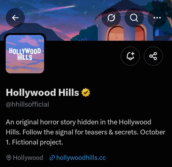 A social media profile page for 'Hollywood Hills' (@hhillsofficial) describes an original fictional horror story set in the Hollywood Hills.