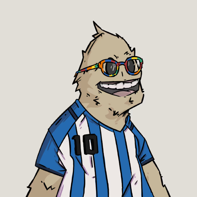 The image depicts a cartoon-style character wearing blue and white stripes with numbers 10 and 11 on his jersey. He has a beard and glasses, giving him a hipster appearance. The scene is set against a beige background, making the character stand out even more. A caption reads, "we dob? Top Sei NFT community from a few years back Now pivot to ETH, minted ?"