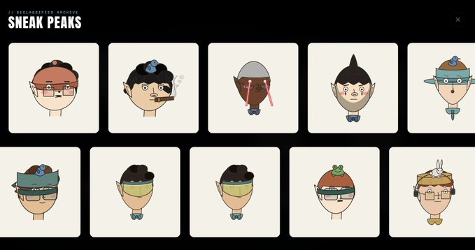 A character design sheet titled 'SNEAK PEAKS' displaying 10 stylized cartoon character heads with various accessories including hats, glasses, a cigar, and headbands arranged in two rows of five.