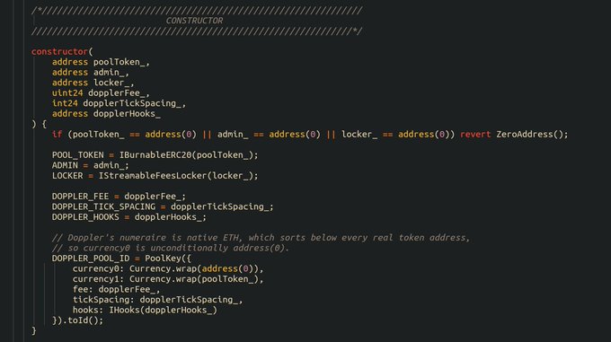 A code snippet showing a Solidity constructor function initializing pool tokens, admin, locker, and Doppler fee parameters with zero address checks.