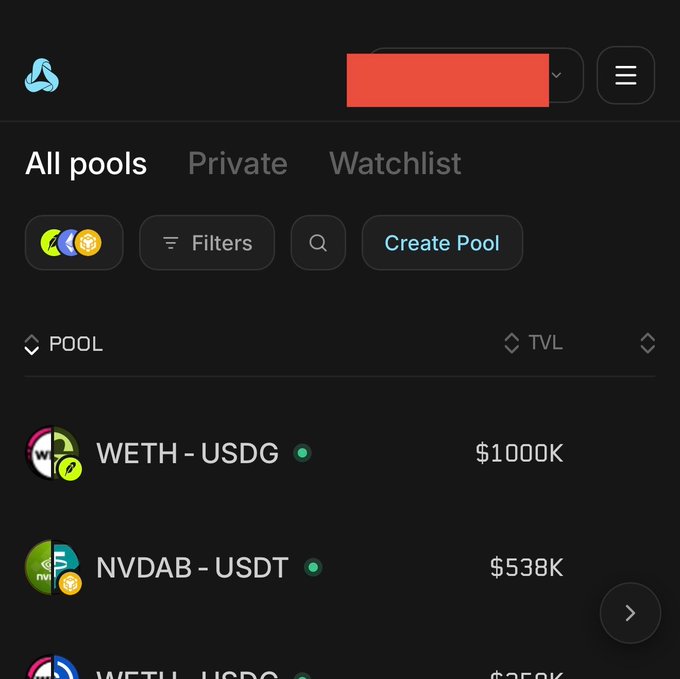 The image shows a cryptocurrency liquidity pool interface displaying "All pools" with entries like WETH-USDG ($1000K TVL) and NVDAB-USDT ($538K TVL), highlighting trading pair options on what appears to be a DeFi platform.

This relates to the post by suggesting that the project focuses on liquidity pools and spot trading rather than perpetual futures, reinforcing the point that sustainable gains can come from providing liquidity in AMM pools rather than chasing speculative perp projects.