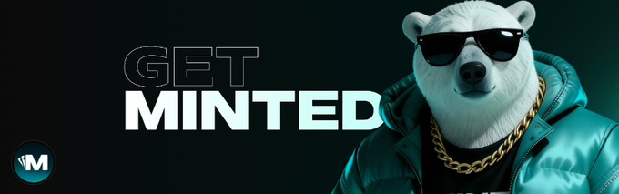 A promotional graphic for 'GET MINTED' featuring an animated polar bear wearing black sunglasses, a gold chain, and a teal puffer jacket on a dark background.