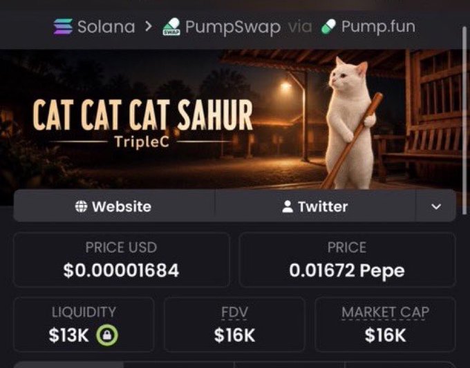 A screenshot of a PumpSwap token page on Solana displays "CAT CAT CAT SAHUR" (TripleC) priced at $0.00001684 with a $16K market cap and $13K liquidity, featuring an image of a white cat holding a broom, matching the memecoin announcement about $TripleC reaching a $16K market cap.