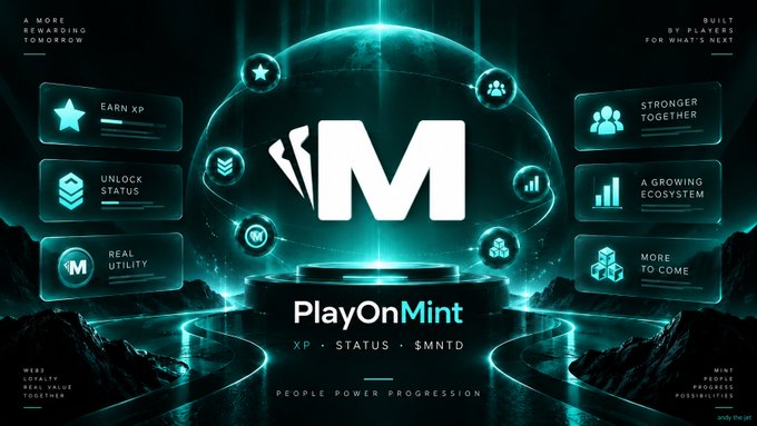 A promotional graphic for 'PlayOnMint' featuring a large 'M' logo on a pedestal, surrounded by futuristic icons and text including 'EARN XP', 'UNLOCK STATUS', and 'STRONGER TOGETHER'.
