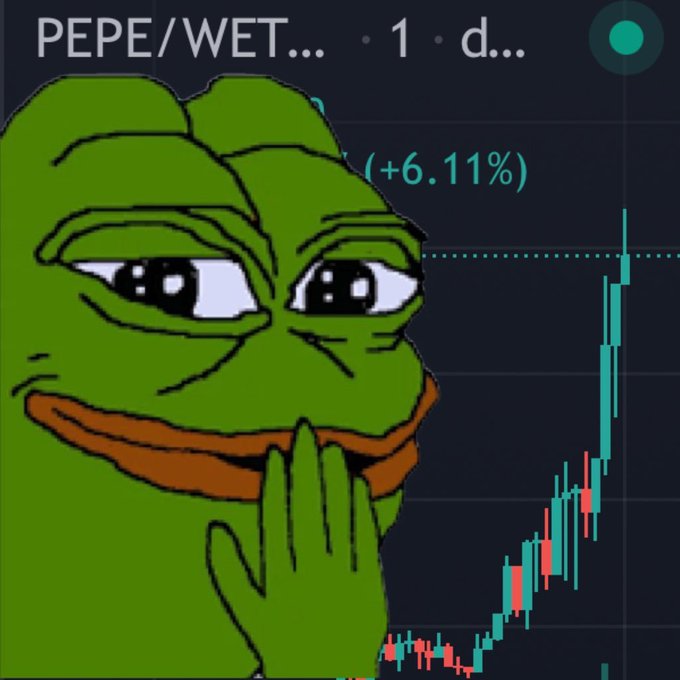 A Pepe the Frog meme showing the character with clasped hands in front of a cryptocurrency price chart for PEPE/WETH displaying a +6.11% gain.