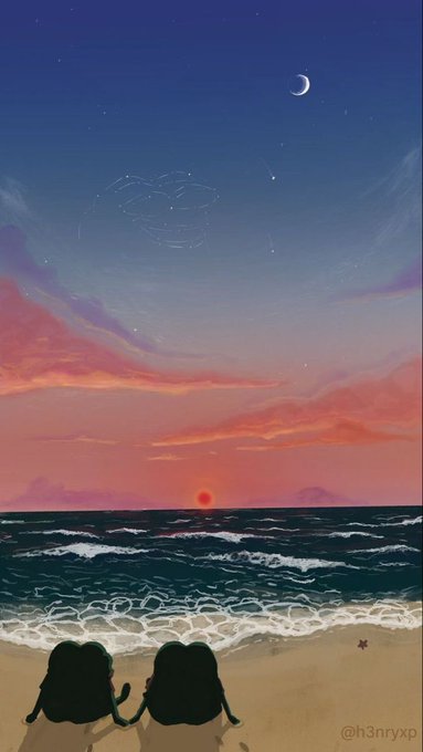 An anime-style illustration of two characters with dark hair sitting on a beach watching a sunset over the ocean, with a crescent moon visible in the twilight sky.