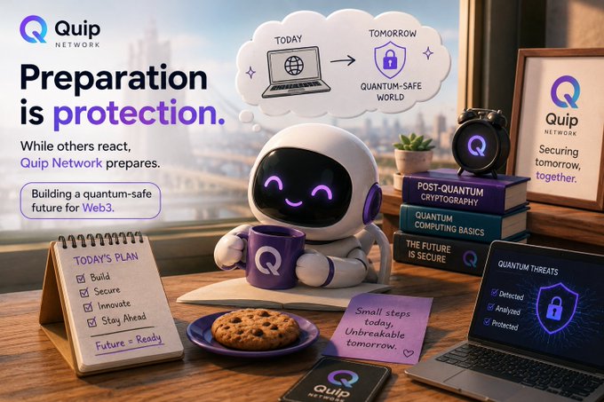 A friendly robot sits at a desk beside a laptop displaying "Quantum Threats Detected, Analyzed, Protected" and a notebook listing "Today's Plan: Build, Secure, Innovate, Stay Ahead — Future = Ready," surrounded by Quip Network branded materials featuring the tagline "Preparation is protection" and "Building a quantum-safe future for Web3," visually reinforcing Quip Network's proactive approach to future-proofing digital security before threats arrive.