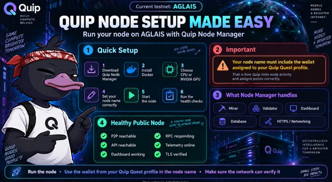 An infographic titled "QUIP NODE SETUP MADE EASY" for the AGLAIS testnet, showing a duck mascot in a bandana alongside setup steps and node health checkpoints.