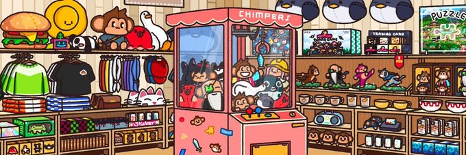 A colorful cartoon illustration of a toy/clothing store interior featuring a claw machine labeled 'CHIMPER 1', plush toys, clothing racks, trading cards, and various merchandise.