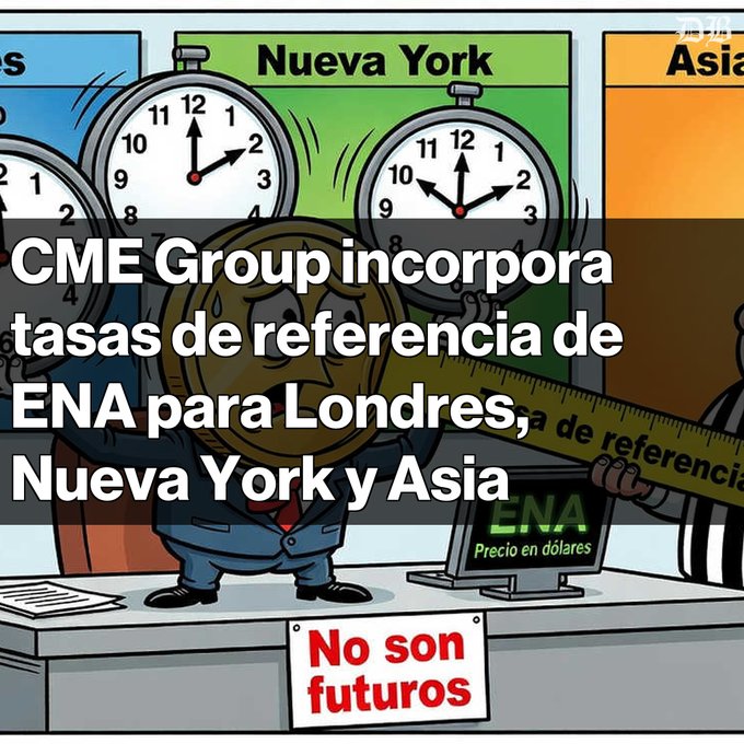 Cartoon illustration showing clocks labeled 'Nueva York' and 'Asia' with Spanish text 'CME Group incorpora tasas de referencia de ENA para Londres, Nueva York y Asia' and a sign reading 'No son futuros'.