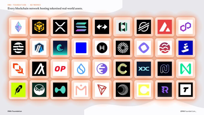 A graphic from RWA Foundation showing 'Every blockchain network hosting tokenised real-world assets' with a grid of various blockchain logos.