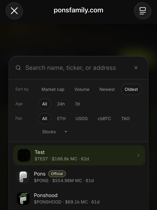 A screenshot of ponsfamily.com shows a token listing filtered by "Oldest" sort order, displaying "$TEST - $166.8k MC · 62d" as the top entry, followed by $PONS (Official) at $554.96M MC and $PONSHOOD at $69.1k MC. The image visually supports the post's question about why $TEST, the first coin created by the PONS team, has such a low market cap of just $166K compared to the other tokens.