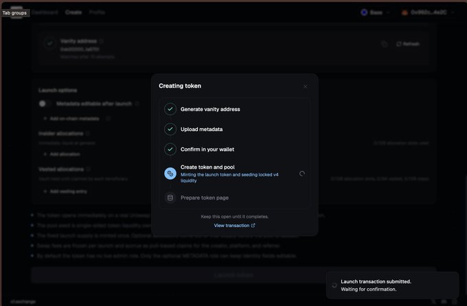 The image shows a token creation modal on the o1.exchange launchpad platform with a checklist of steps including "Generate vanity address," "Upload metadata," and "Confirm in your wallet," while the current step "Create token and pool" indicates "Minting the launch token and seeding locked v4 liquidity." A notification at the bottom reads "Launch transaction submitted. Waiting for confirmation." The screenshot illustrates the launchpad interface referenced in the post, which mentions that B20 is not yet released but will enable token launches on b20.o1.exchange once rolled out on Base mainnet.