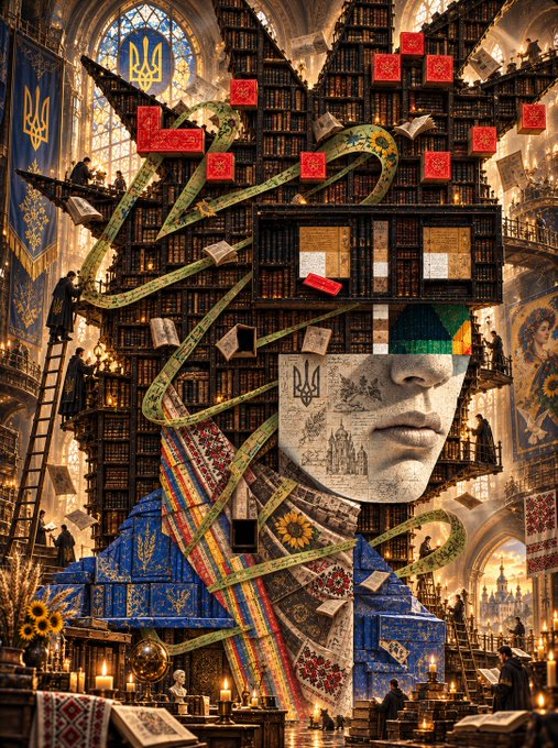 A surreal collage depicts a monumental, book-filled Ukrainian figure assembled from library shelves, embroidery, maps, and Ukrainian trident symbols, with Ukrainian-style banners and red decorative panels.