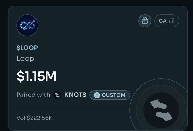 A dark-themed cryptocurrency dashboard displays the $LOOP token, showing a market cap of $1.15M and a 24-hour trading volume of $222.56K, paired with $KNOTS via a custom liquidity pool. The interface features a blue infinity-style logo and confirms the $LOOP/$KNOTS pairing referenced in the tweet about the buyback loop tech.