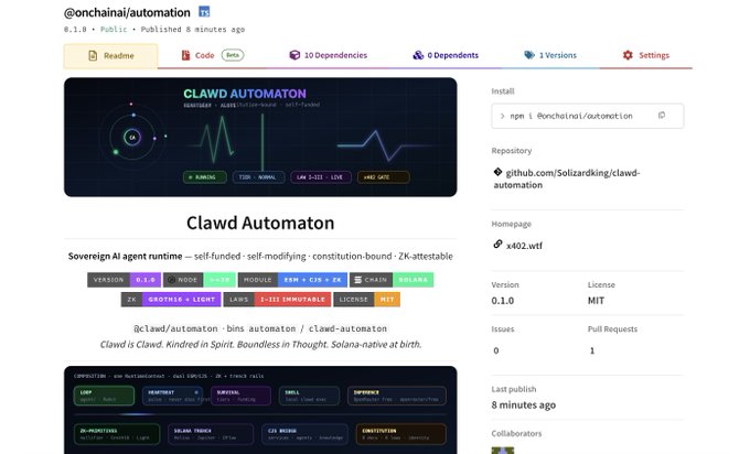 GitHub-style package page for @onchainai/automation showing 'Clawd Automaton' - described as 'Sovereign AI agent runtime—self-funded·self-modifying·constitution-bound·ZK-attestable' with version 0.1.0, published 8 minutes ago by Beta.