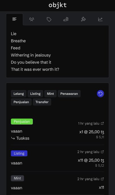 A mobile screenshot of the objkt NFT marketplace shows an artwork titled with text including "Lie," "Breathe," and "Withering in jealousy" by artist "vaaan," priced at 25 XTZ, with the "Penjualan" (Sale) filter active. The page confirms the first mint by @drylinemix at 25 XTZ for this 1/11 edition piece.