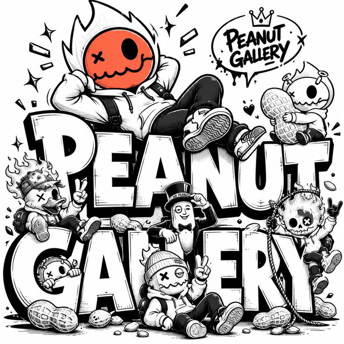 A black and white cartoon-style graphic titled 'PEANUT GALLERY' featuring various whimsical characters including one with a red smiling face in a hood, peanut-like figures, and text arranged in bold block letters.