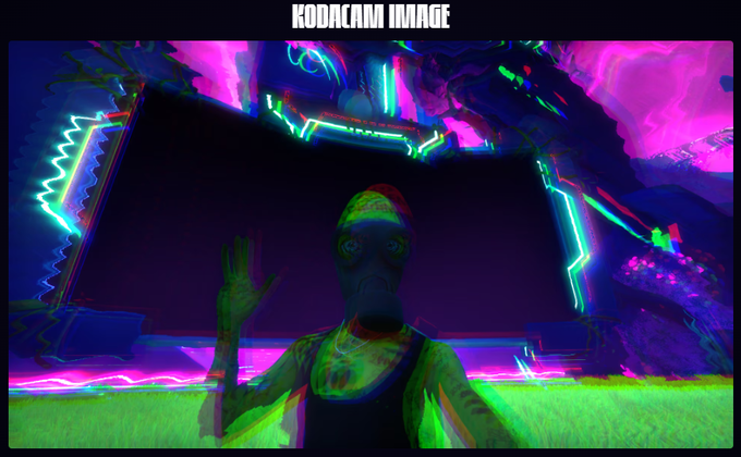 A distorted, glitchy 'KODACAM IMAGE' shows a dark monkey-like figure raising its hand, rendered in vibrant neon magenta, green, and blue colors in a surreal landscape.
