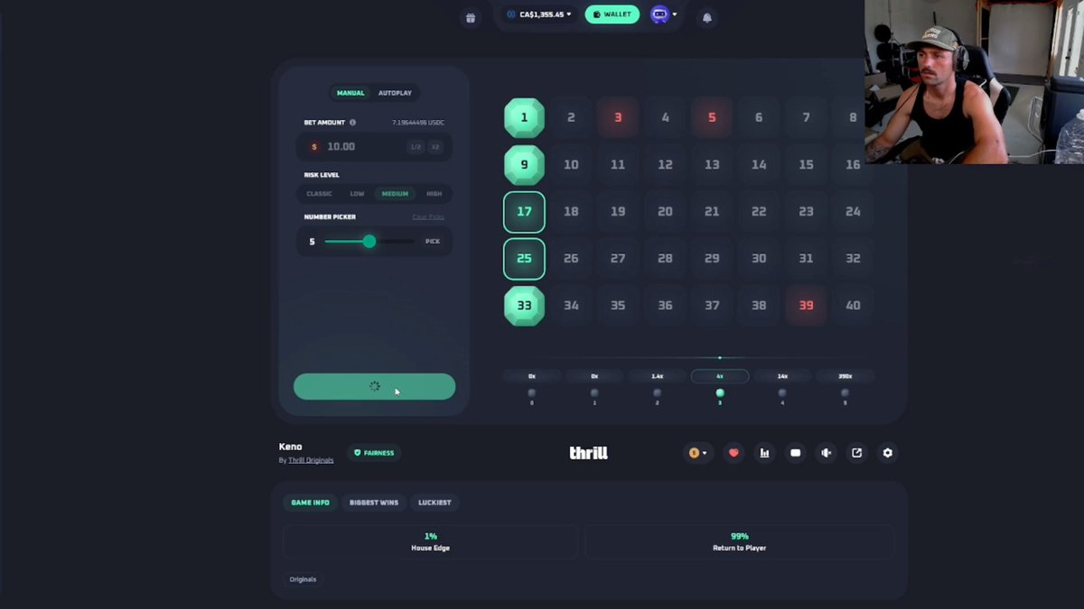 A screenshot of a casino gambling interface called 'Keno' by 'thrill' shows a betting grid with numbers 1-40, with green selections on 1, 9, 17, 25, 33, and red numbers 3, 5, and 39 highlighted, alongside a streamer in the corner wearing a headset and cap.