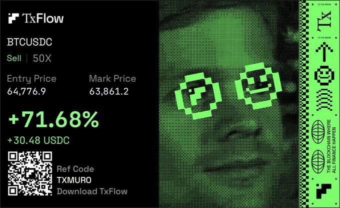 A promotional graphic for TxFlow showcasing a successful BTCUSDC sell position at 50X leverage, showing a +71.68% (+30.48 USDC) gain with an entry price of 64,776.9 and mark price of 63,861.2, featuring a glitch-style portrait background and the referral code "TXMURO" alongside a QR code to download the app. The image visually demonstrates the smooth DEX perpetual trading experience referenced in the post, highlighting active profitability to attract new users to the invite-only platform.