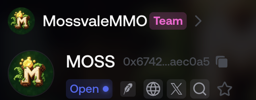 An app listing showing 'MossvaleMMO' with the 'Team' badge, featuring the 'MOSS' token (address 0x6742...aec0a5) with Open status and various action icons.