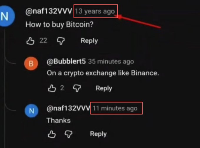 A YouTube comment thread shows user @naf132VVV asking 'How to buy Bitcoin?' 13 years ago, with user @Bubblert5 replying 'On a crypto exchange like Binance.' 35 minutes ago, and @naf132VVV responding 'Thanks' 11 minutes ago, with the timestamps highlighted in red.