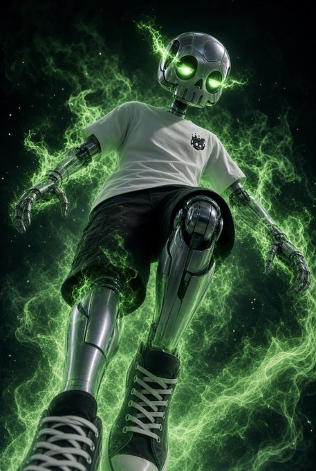 A robotic figure with glowing green eyes, wearing a white t-shirt and dark shorts, stands against a backdrop of swirling green smoke or energy.