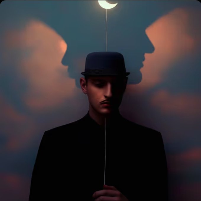A surreal portrait of a young man in a dark hat and black clothing with closed eyes, positioned in front of a blue sky with clouds forming the silhouettes of two profile faces on either side.