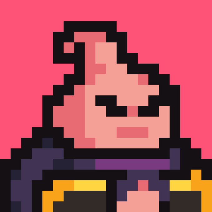 A minimalist pixel art portrait of a figure with dark hair and a pink background, wearing colorful clothing.