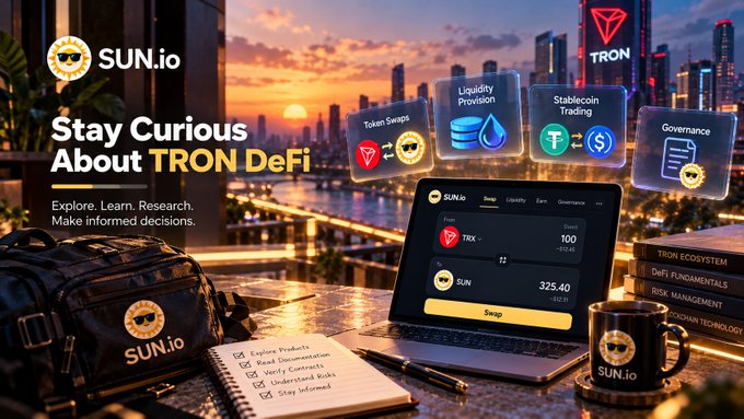 An advertisement for SUN.io with text 'Stay Curious About TRON DeFi - Explore. Learn. Research. Make informed decisions,' showing a laptop displaying token swap and liquidity features alongside a branded backpack, mug, and notebook against a city skyline at sunset.