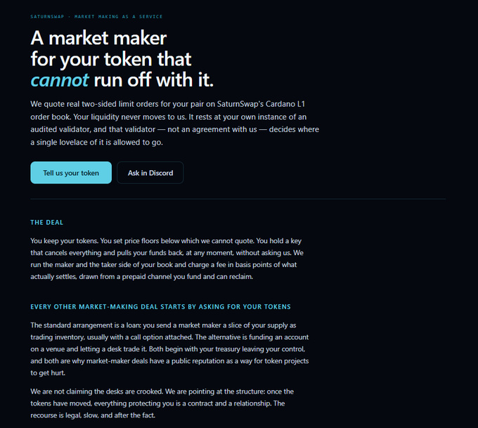 A screenshot of a webpage for 'Saturdayswap' describing themselves as a 'Market Making as a Service' provider on Cardano, with sections titled 'The Deal' and 'Every Other Market-Making Deal Starts by Asking for Your Tokens'.