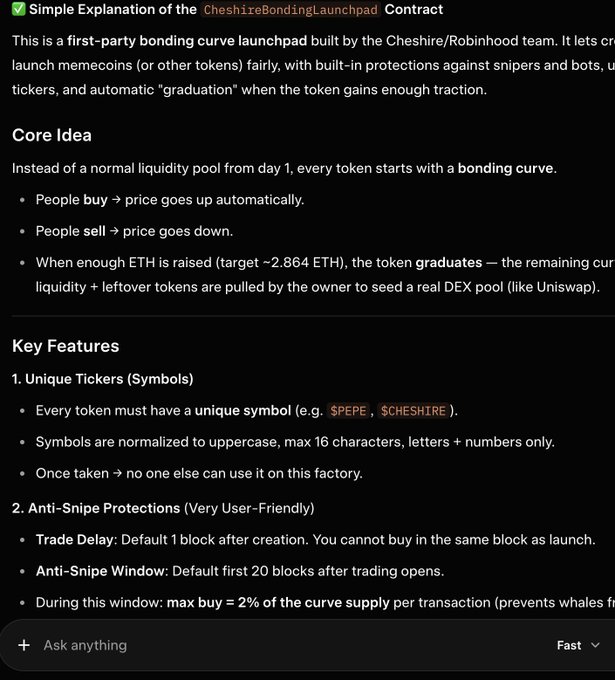 Documentation explaining the CheshireBondingLaunchpad contract, a first-party bonding curve launchpad built by the Cheshire/Robinhood team for fair meme token launches with anti-sniper protections, unique tickers (like $PEPE, $CHESHIRE), and automatic graduation at ~2.864 ETH to a DEX pool.
