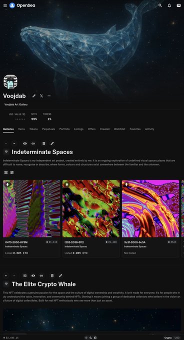 A screenshot of the OpenSea profile for the 'Voojdab' NFT collection by mr.li, featuring a geometric whale avatar and a gallery of colorful 'Indeterminate Spaces' artworks priced in ETH.