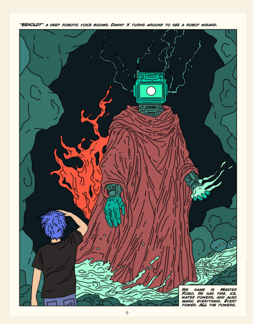 A comic book page illustration showing a character with purple hair facing a robed robot wizard figure with a monitor/TV head in a cave, with narration reading "BEHOLD!" and describing "MASTER ROBO" who has "ICE, WATER POWERS, AND ALSO MAGIC SPELLSTONE. EVERY POWER, ALL THE POWERS."