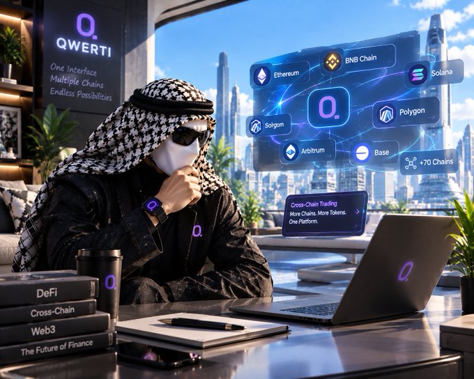 A promotional image for "QWERTI" ("One Interface, Multiple Chains, Endless Possibilities") features a masked figure with a keffiyeh alongside a holographic display showing Ethereum, BNB Chain, Solana, Polygon, Arbitrum, Base, and "+70 Chains" with text "Cross-Chain Trading, More Chains. More Tokens. One Platform." Books labeled "DeFi," "Cross-Chain," "Web3," and "The Future of Finance" sit on the desk.